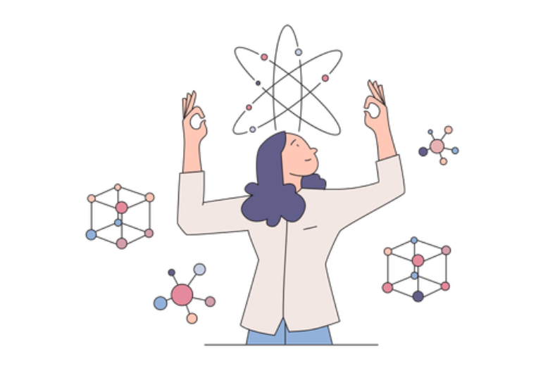 Design illustration showing a scientist with atomic and molecular structures