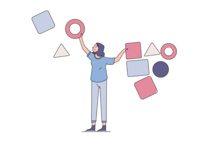 Strategy illustration showing a person organizing geometric shapes